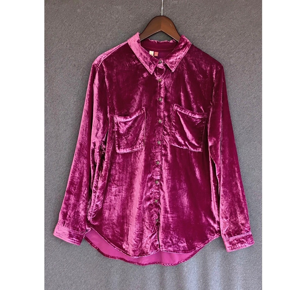 Pilcro Magenta Pink Purple Crushed Velvet Button Down Shirt Large Relaxed Fit